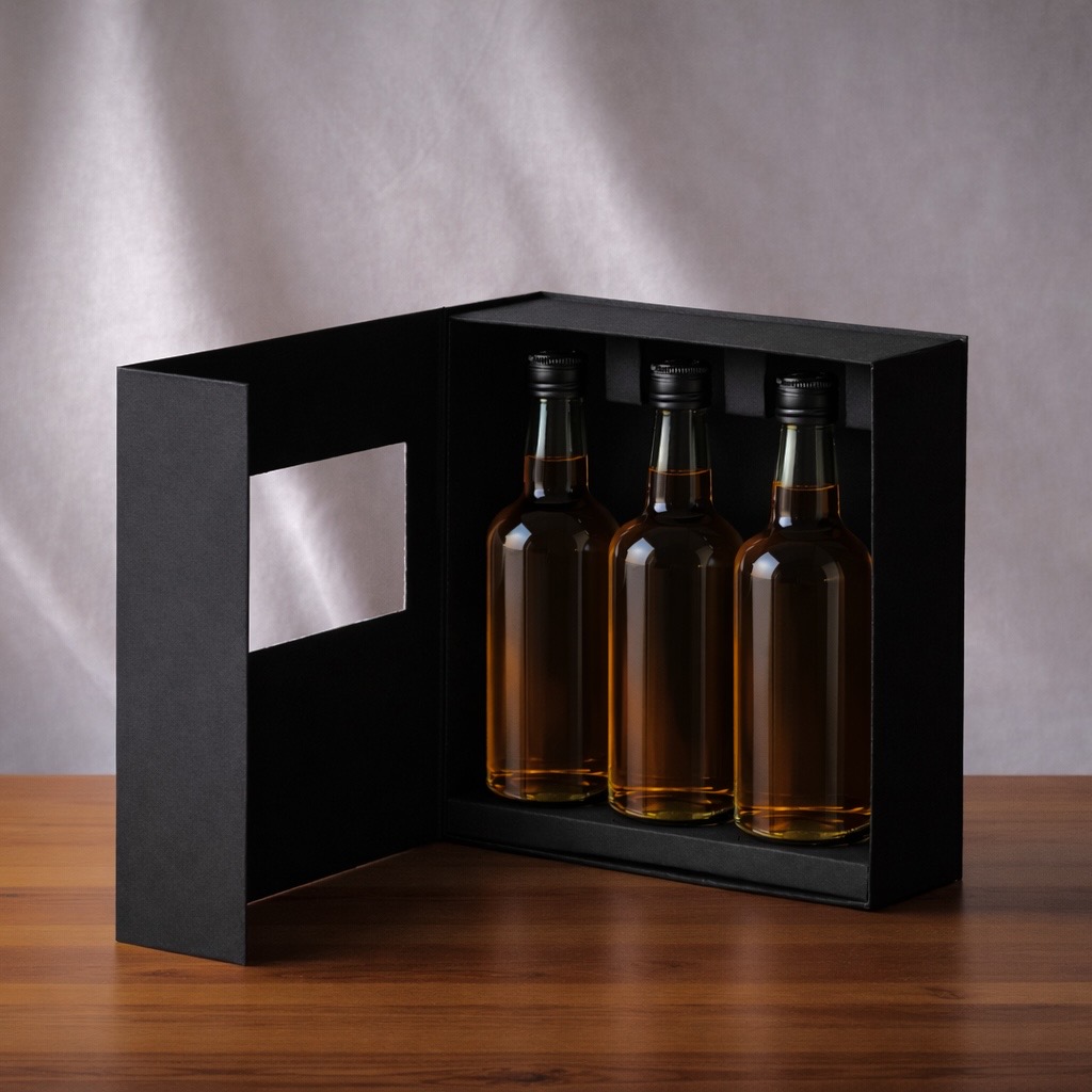 観音開き仕様の黒貼り箱にアンバーボトル3本を収納した高級ウイスキーパッケージの斜め視点画像