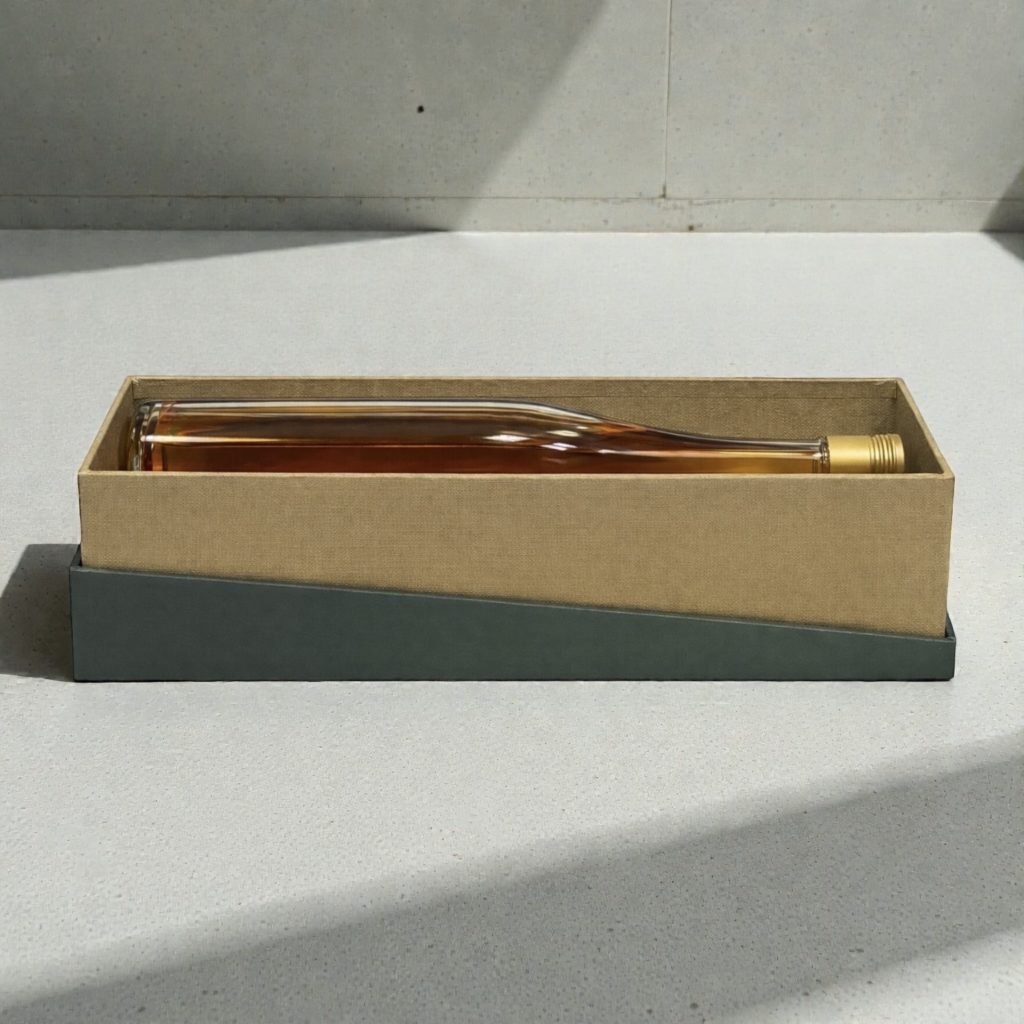 ウイスキーボトルを収納した斜めスリーブ構造の貼り箱。高級酒向けオーダーメイドパッケージ